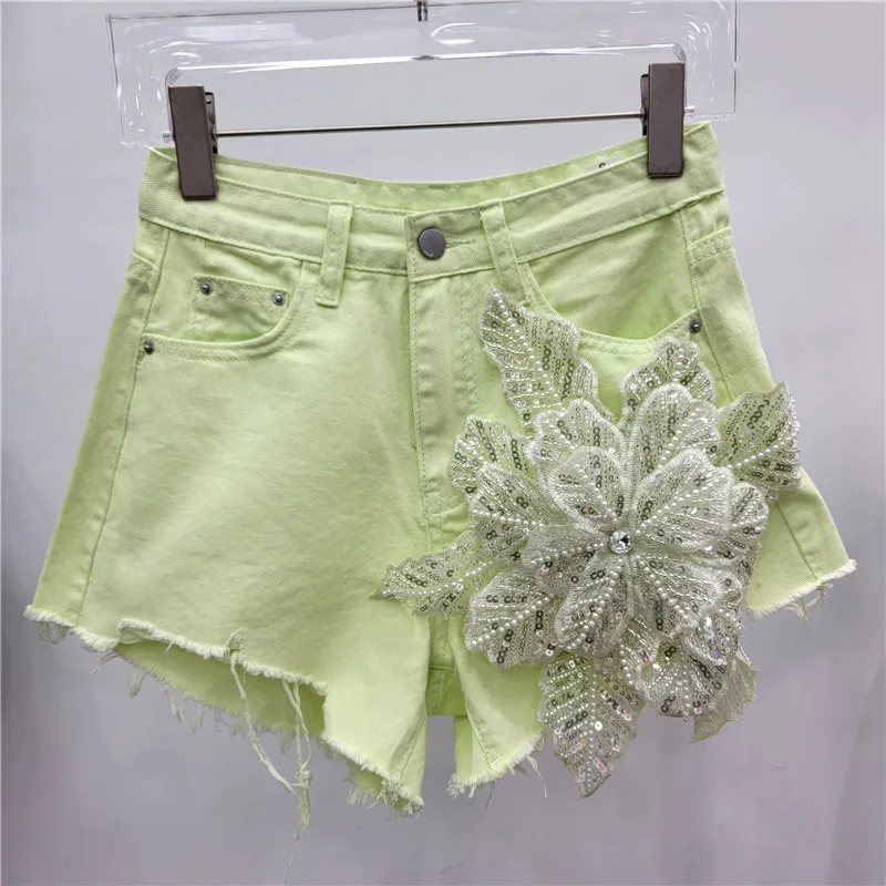 Denim Shorts Women's 2024 Summer New Korean Style Fashion Three-Dimensional Embroidered Ripped Burr Straight Wide Leg Jeans