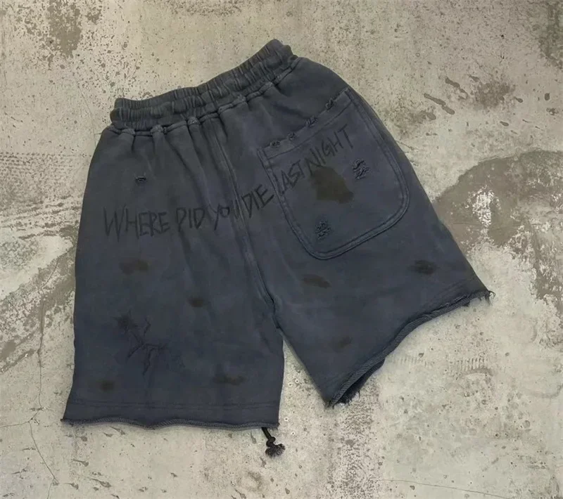 24ss Washed Blue SSSAINT LOUIS Shorts For Men Women 1:1 Best Quality Vintage Sketch Drawstring Shorts