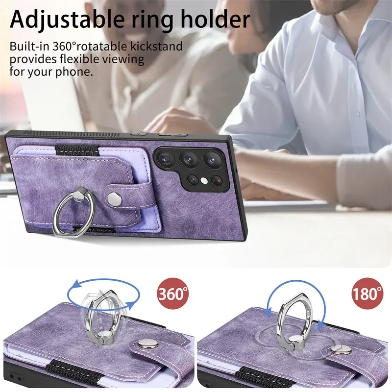 Leather Phone Case with Magnetic Car Holder and Wallet Card Back Cover