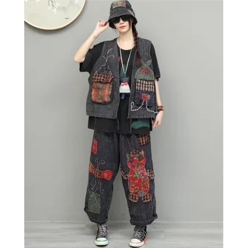 Vintage-style Women Summer Suit Hand-embroidered Tie-up Vest + Loose-fitting Stylish Straight-leg Pants Two Piece Set XY148 1