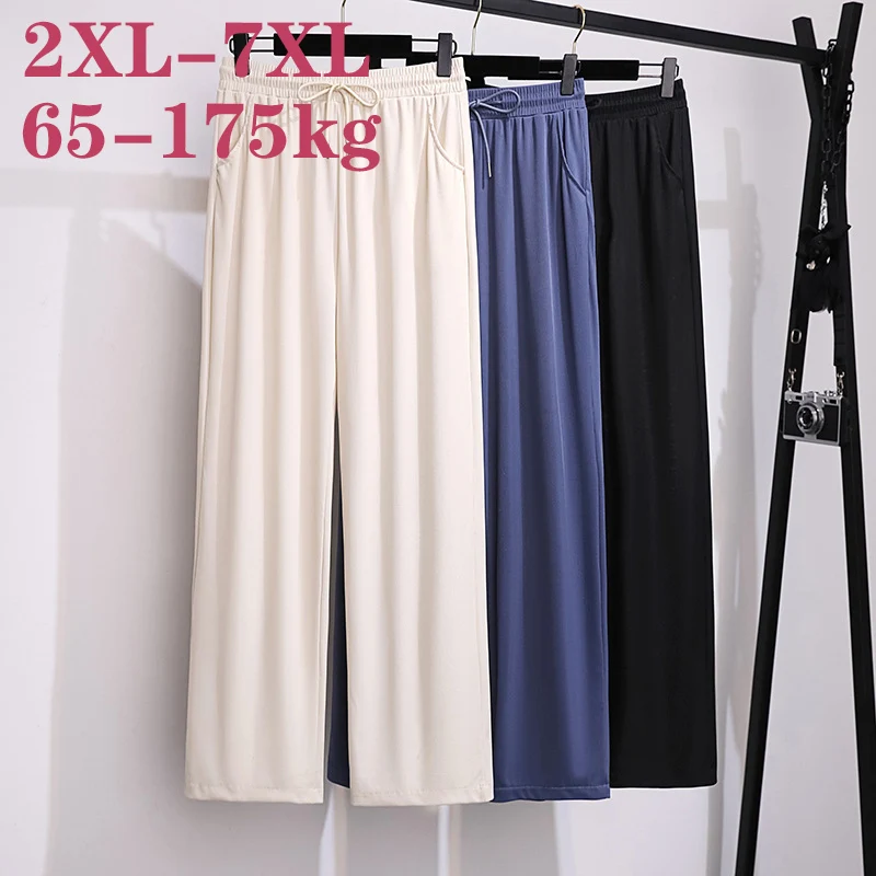 

100/175kg Big Size Women Clothing Wide Legs Pants Show Thin Summer High Waist Straight Tube Pants Loose Ice Silk Cropped Pants