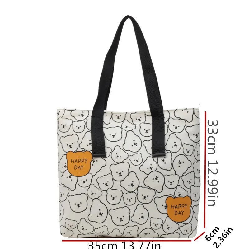 High Quality Thickened Canvas Tote Bag, Large Capacity Bear Pattern Handbag Women Stylish Shoulder Bag Campus Students Schoolbag