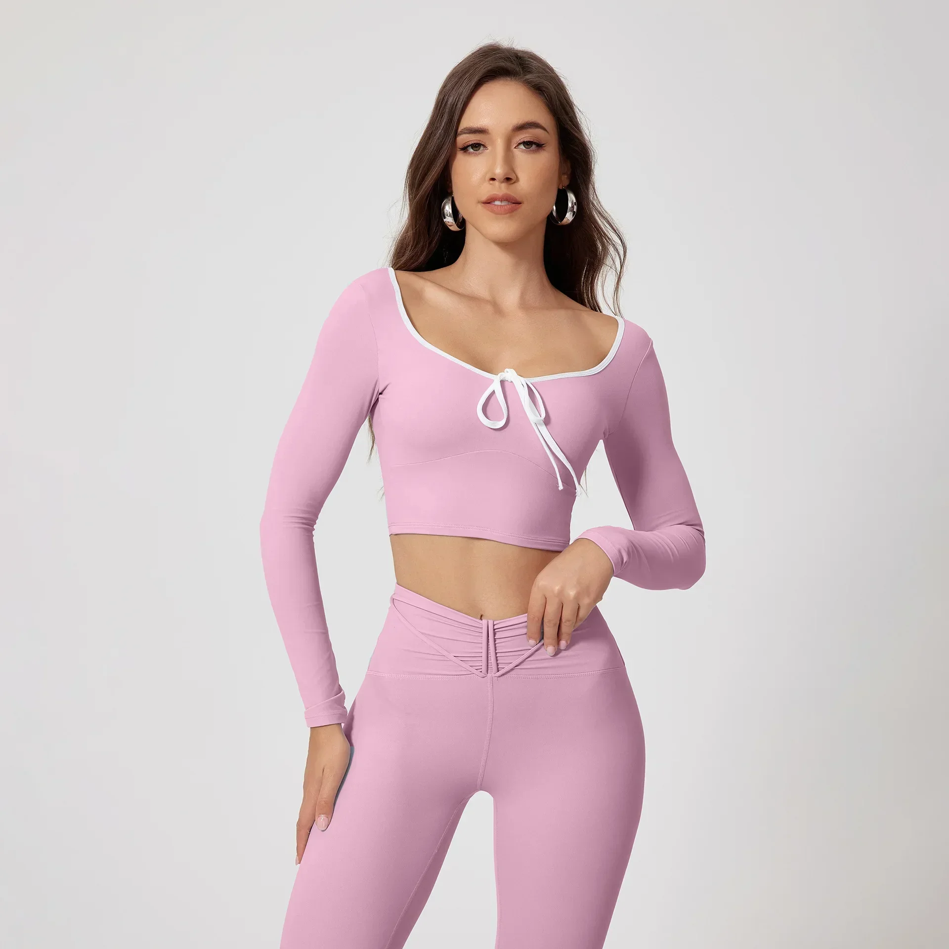 Seamless Yoga Sets Sports Fitness High Waist Hip Raise Pants Long-Sleeved Suit Running Workout Gym Leggings Set for Women 2