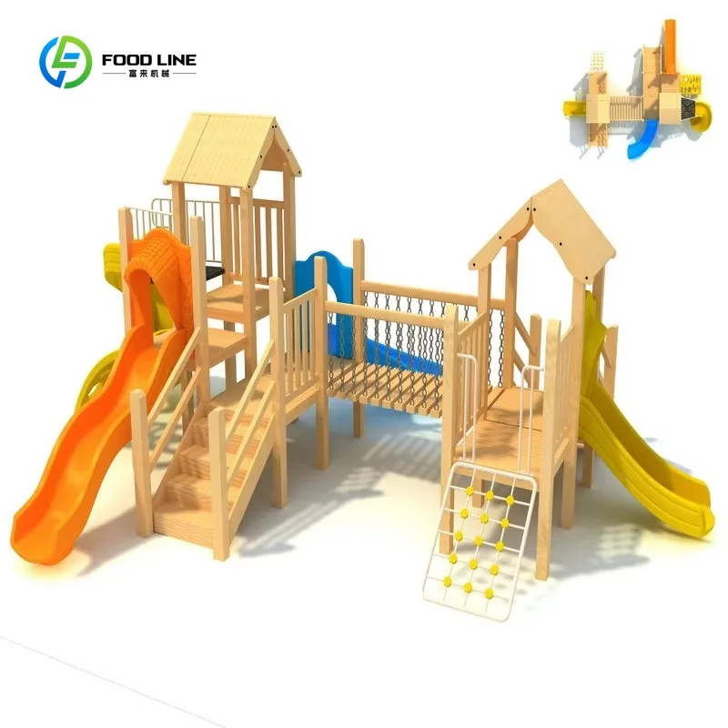 Attrezzature da gioco per esterni in legno per bambini con scivolo e struttura da arrampicata integrati per parchi pubblici, scuole mattonelle e scuole, personalizzabili - immagine 5