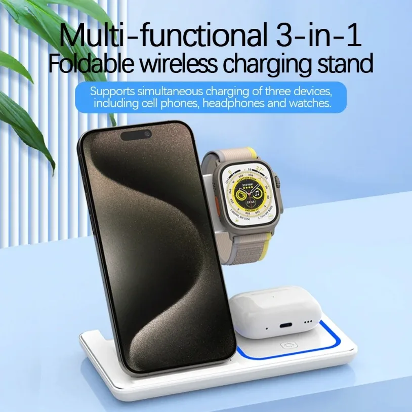 VIKEFON 30W LED Fast Wireless Charger Stand 3 in 1 Foldable Charging Station For iPhone 17-12 Apple Watch 9 8 7 6 5 Airpods Pro