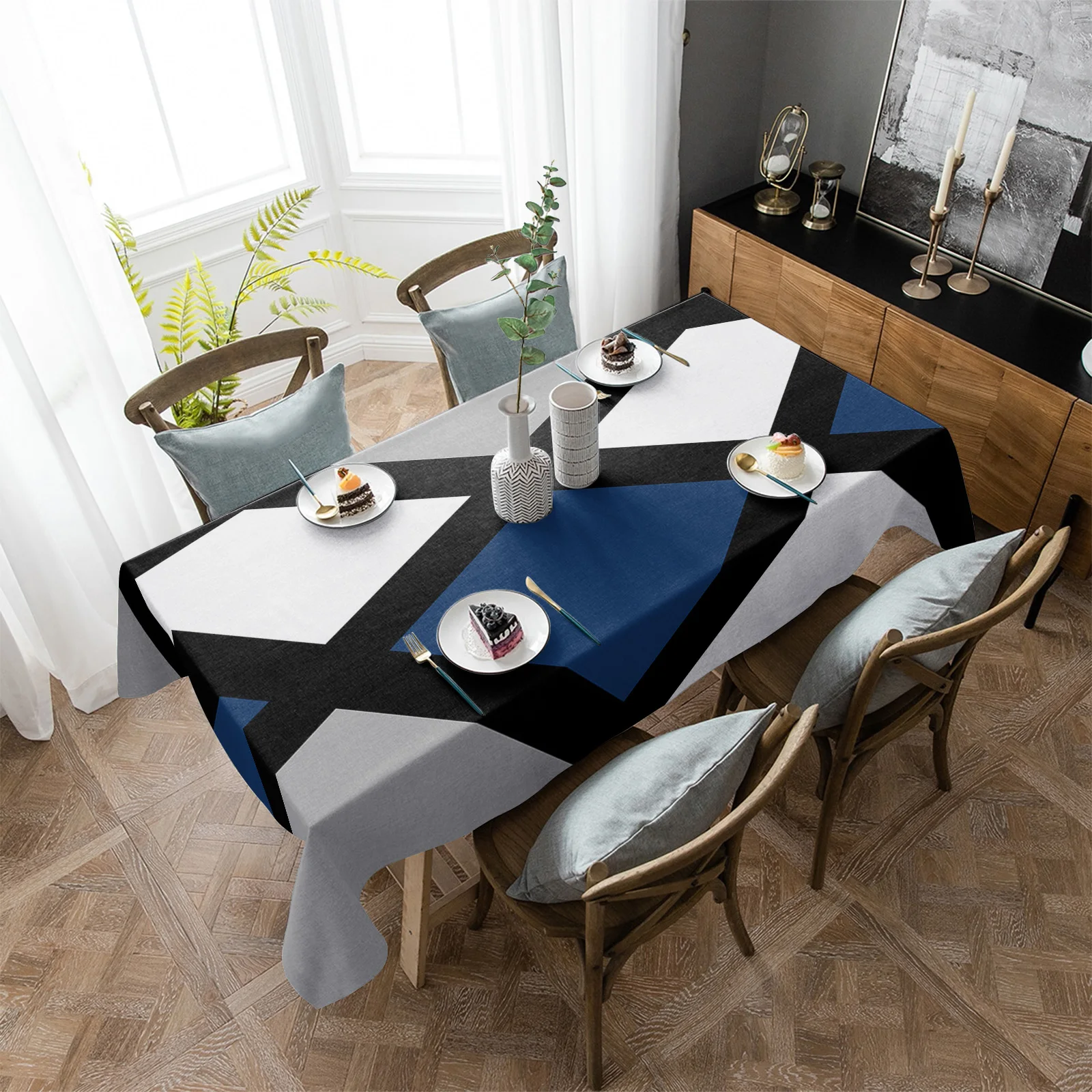 

Темно-синяя, черная, серая, квадратная Водонепроницаемая скатерть с геометрическим рисунком, декоративные принадлежности, прямоугольная скатерть для кухонного стола, декор для кухонного стола