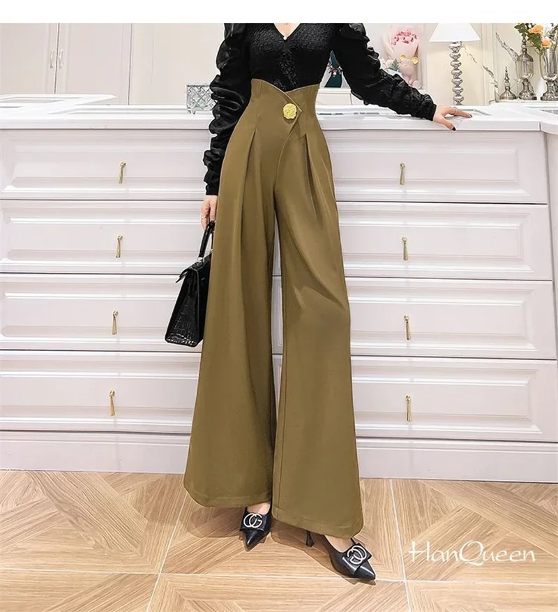 Elegant Office Lady Wide Leg Pants Korean Design Flower Button High Waist Pantalones Baggy Spring Summer Straight Spodnie New