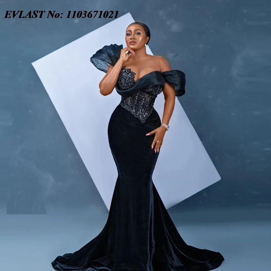 Charming Black Girl Appliques Velvet Mermaid Evening Prom Dress, DP2364