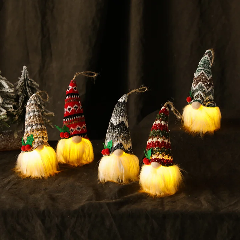 

Christmas Tree Pendant Luminous Knitted Faceless Doll Xmas Hanging Gnomes Ornaments With Led Light Navidad Decoration Gift