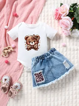 Summer Baby Girl Outfit Set with Bear And Leopard Print Butterfly Knot Short Sleeve Romper And Denim Mini Skirt 2-Piece Set for 1