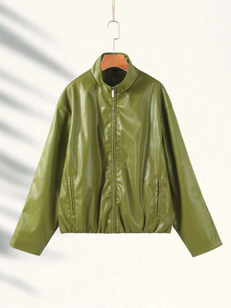 Vintage Streetwear Leather Skirt and Jacket Set for Women – Standneck Design with Zipper and Long Sleeves