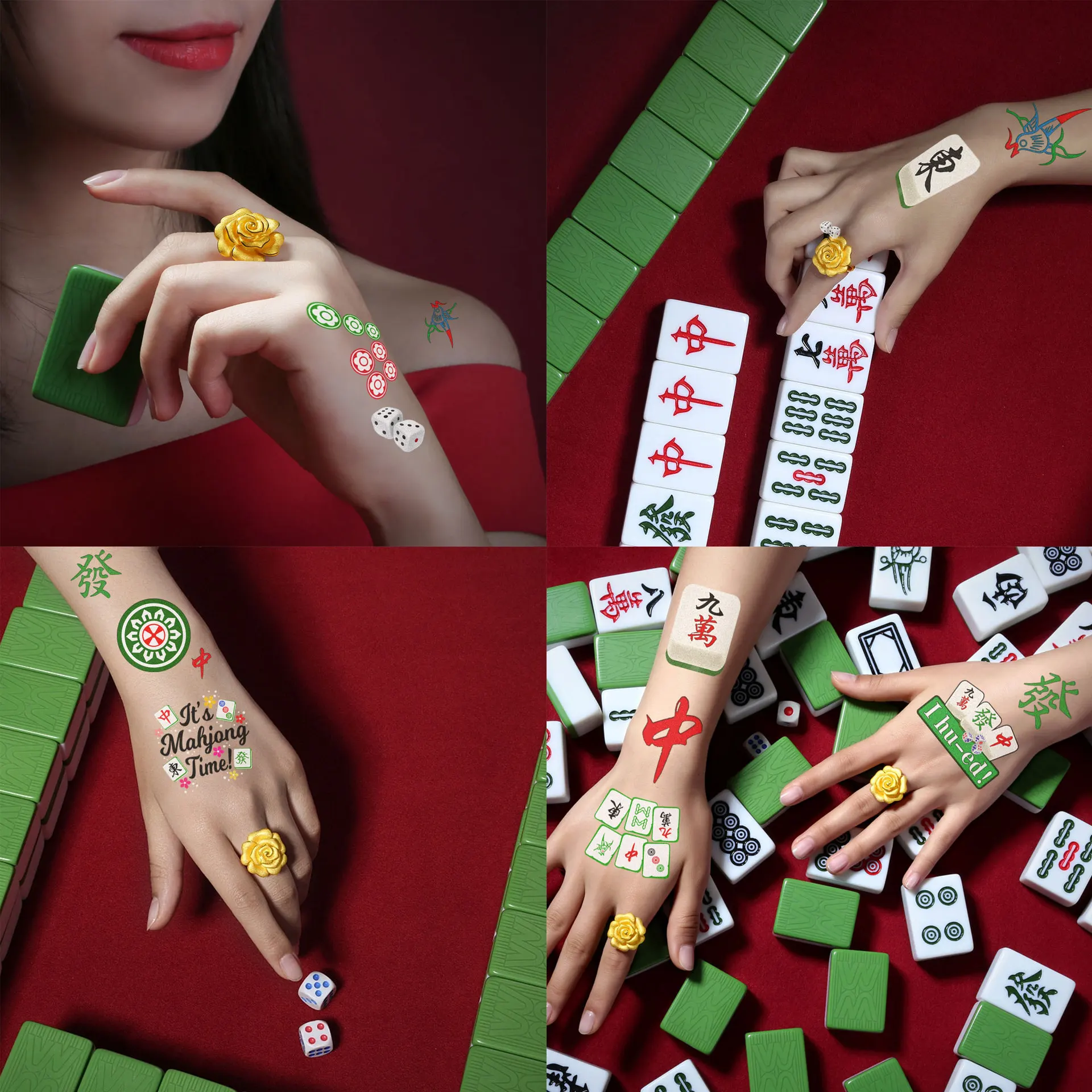 Autocollants de tatouage temporaire style Mahjong I Hu-ed, étiquettes imperméables, 1 feuille