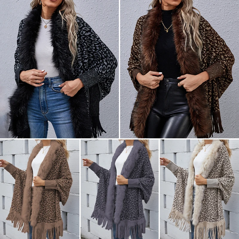 Women Tassel Shawl Scarf Leopard Color Faux Fur Collar Ponchos Thick Warm Knitted Capes Cardigan Autumn Winter Coats & Jackets new faux fur collar raccoon fur scarf winter hood fur decor shawl multicolor luxury fake fur scarf winter women coat warm