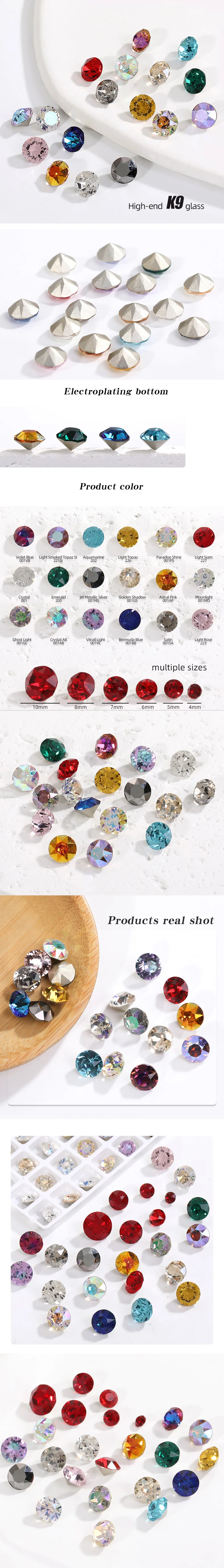 Description Picture 2 of itemRound Rhinestones Diamond Glass Crystals Glitter 3/4/5/6/7/8/10mm Decoration Pointed Jewelry Making Glue On Nail DIY Accessories