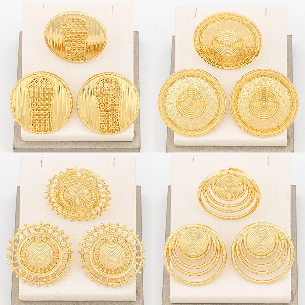 4Sets Jewelry Sets Fashion 18k Dubai Gold Color Copper Earrings For Women Adjustable Ring Trendy Party Gift Jewelry Accessories