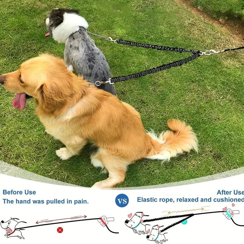 Pet Dog Double Leashes No Tangle Dog Leash Coupler Comfortable Shock Absorbing Reflective Bungee Lead for Nighttime Safety