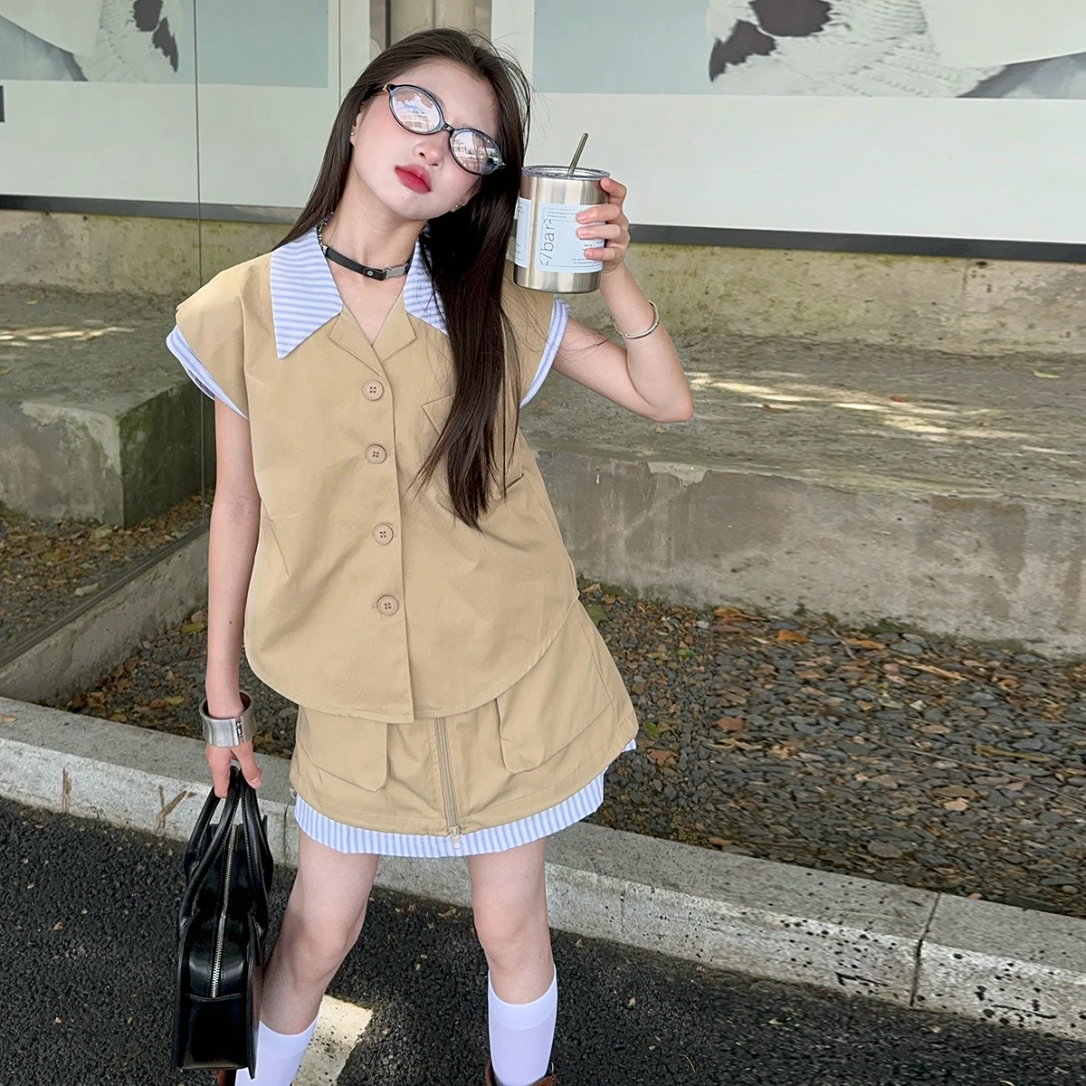 청소년 소녀 스커트 세트, 스트라이프 스플라이싱 라펠 세트 조끼 셔츠, 하이 웨이스트 스커트, 10, 12, 14, 십대 어린이 세트, 어린이 의상, 2 개