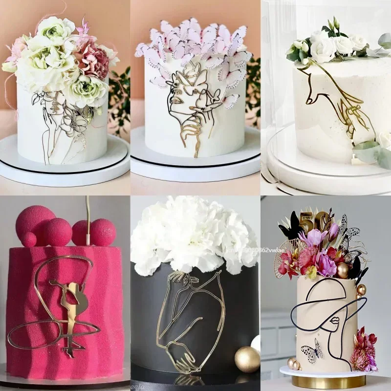 Gold Acrylic Minimalist Art Lady Face Cake Topper Girl Happy Birthday Cake Decoration Wedding Toppers Party Supplies