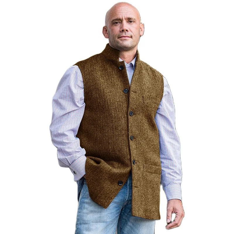 

Men's Suit Vests Vintage Wedding Vest Brown Stand Collar 2 Pocket Herringbone Wool Tweed Business Waistcoat for Groomman 2022