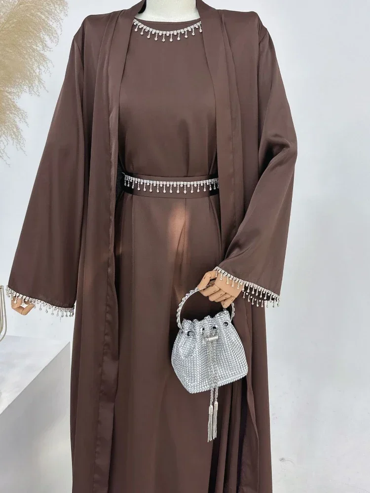 2024 New Eid Silky Satin Party Abayas Set 2 Piece Ramadan Women with 2 Diamond Chains Cardigan Robe Islamic Abaya