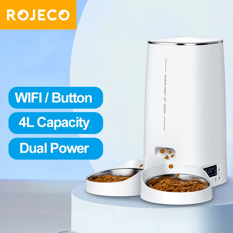 

ROJECO 4L Automatic Pet Feeder Smart Cat Food Kibble Dispenser Remote Control WiFi Button Auto Feeder For Cats Dog Accessories