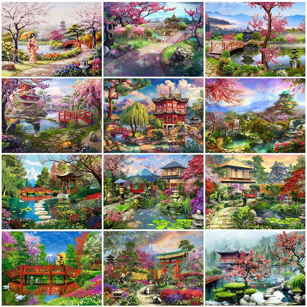 HUACAN 5D DIY Diamond Painting Japanese Garden Landscape Diamond Embroidery Cross Stitch House Mosaic Needlework Decor For Home