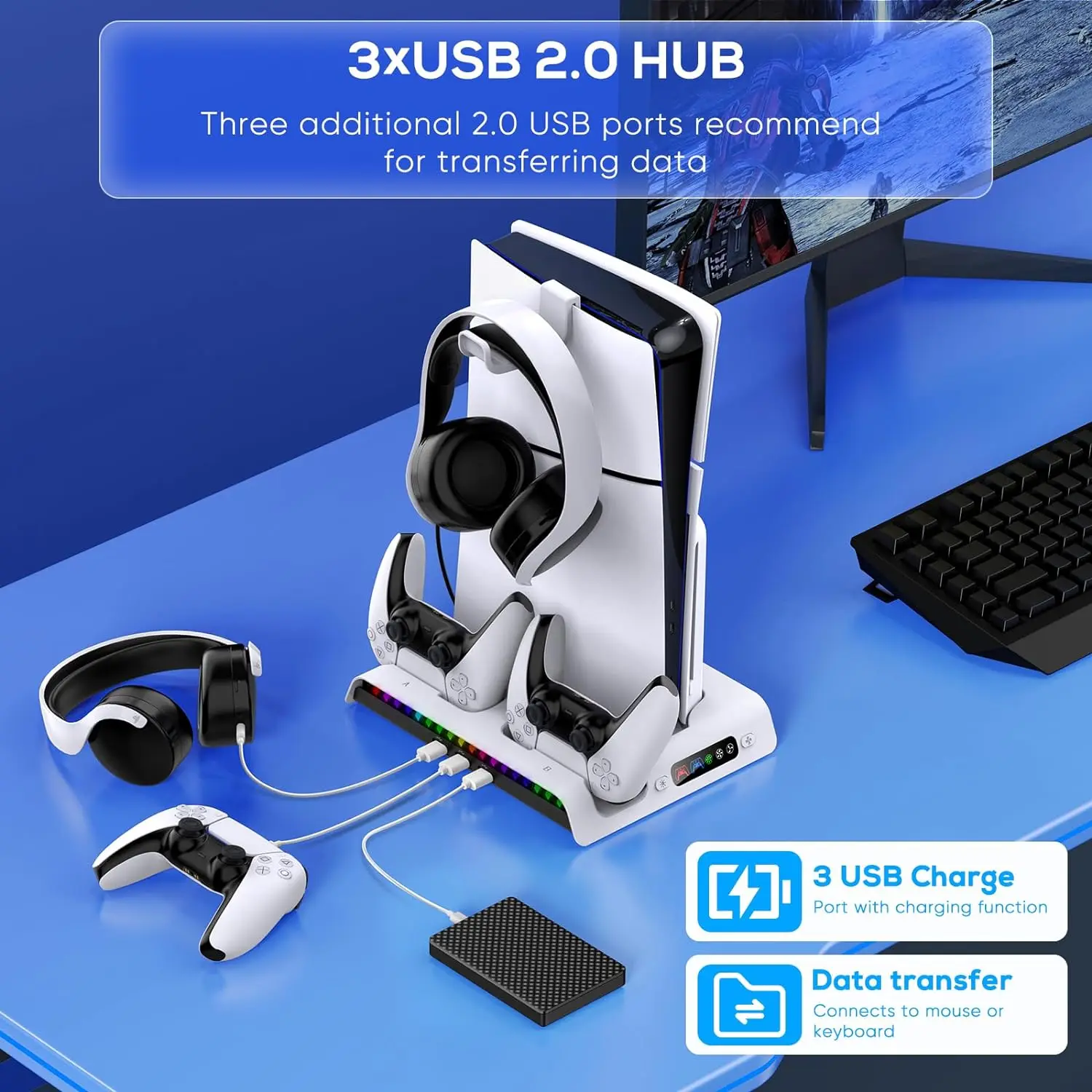 PS5 슬림 냉각 선풍기 스탠드, 디스크 및 디지털 베이스 스탠드, 컨트롤러 충전 스테이션 포함, 플레이스테이션 5 슬림