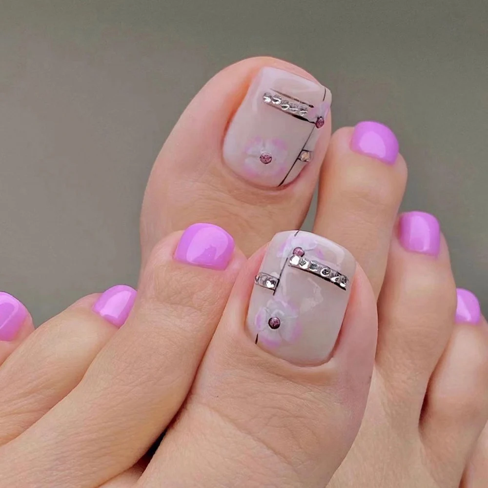 24pcs False Nails Purple Gradient Flower Rhinestones Fake Feet Nails French  Nail Stickers Press On Toenails Artificial Nail Tips| | - AliExpress