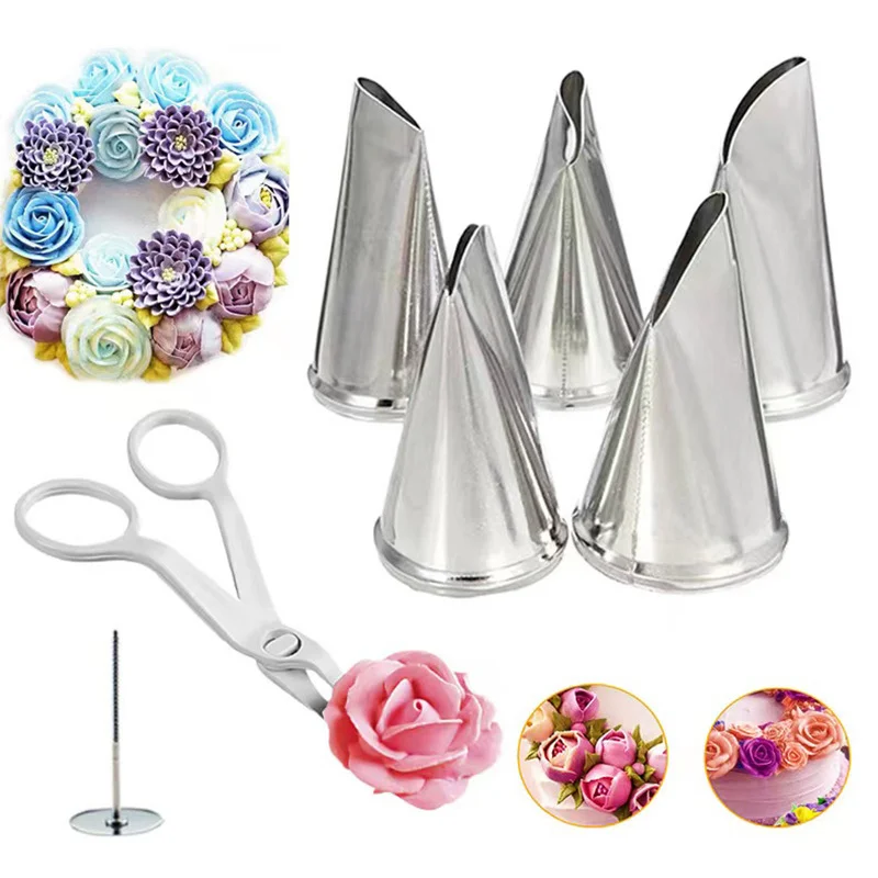 7Pcs/set Flower Scissor + Cake Tray + 5pcs Tulips Rose Nozzle Nail Decor Lifter Kitchen Fondant Cream Transfer Baking Pastry