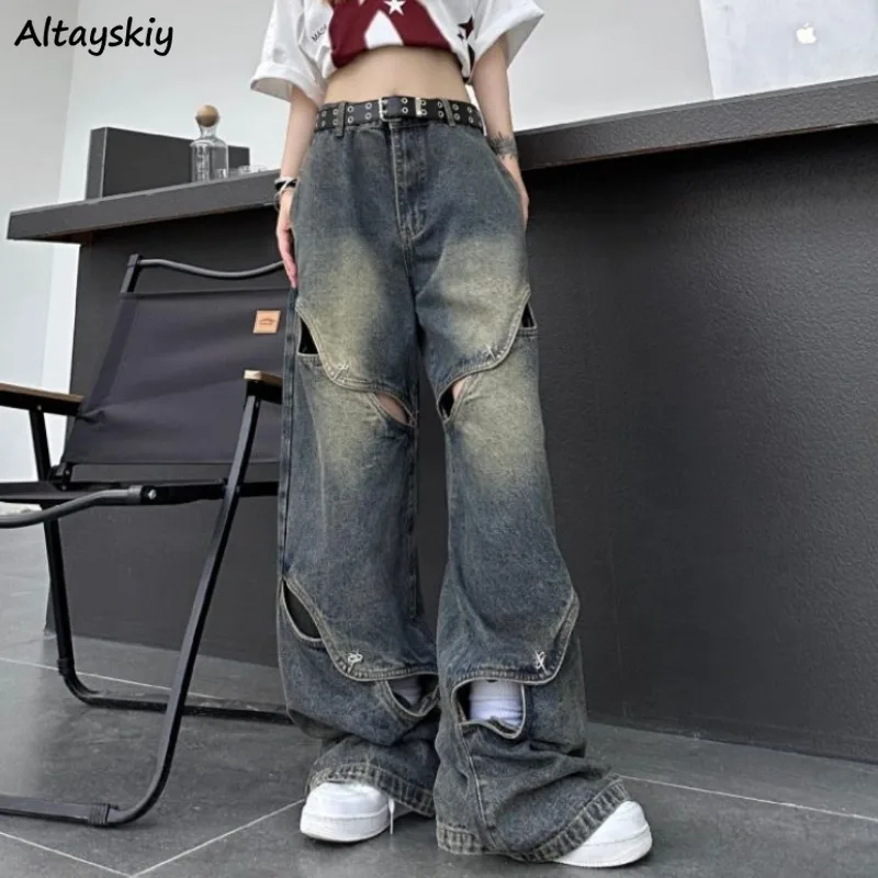 

Jeans Women Hole Vintage All-match Streetwear European Style Unisex Autumn Designed Basics Personality Cool Special Attractive