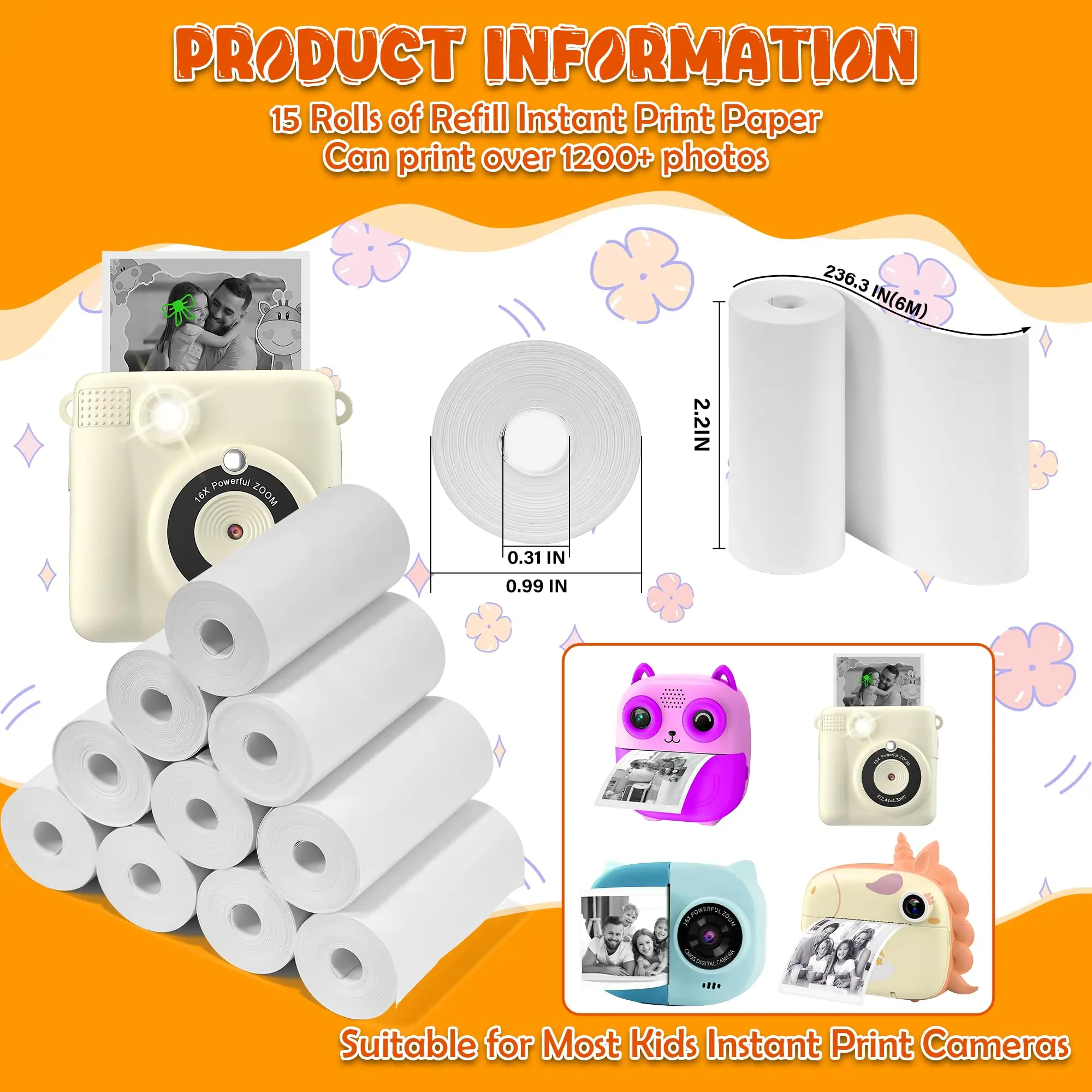 Mini Instant Camera Print Refill Paper, 57 Photo Printer HD Printing Thermal Print Paper Rolls Fit for Most Camera Instant Print