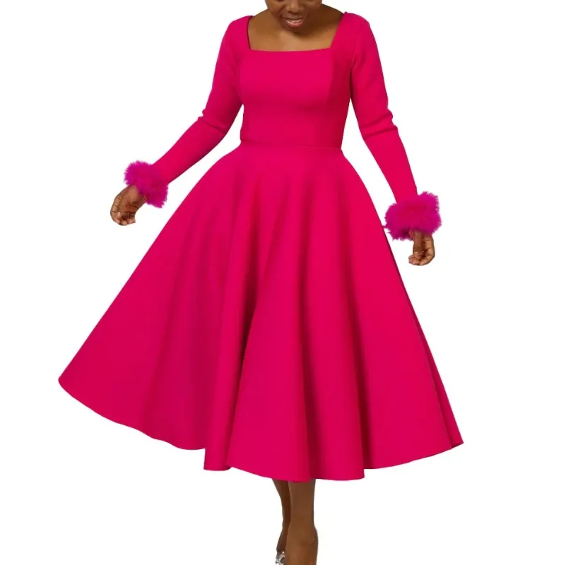 

Elegant African Party Dresses for Women Autumn Africa Long Sleeve Square Collar Solid Color Midi Dress Dashiki African Clothing