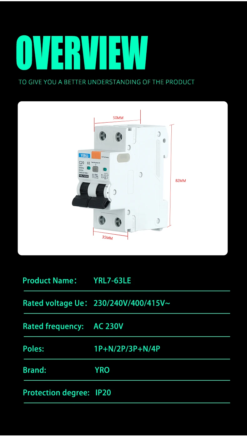 RCBO 1P+N 3P+N 6KA AC type Residual Current Circuit Breaker Operator with over c