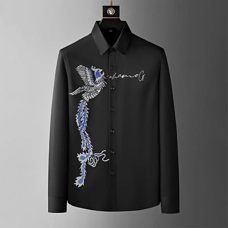 New Spring Autumn Shirt for Men: Single Breasted, Slim Fit, Vertical Collar, Rhinestone Decoration Kemeja Pria Korea Style