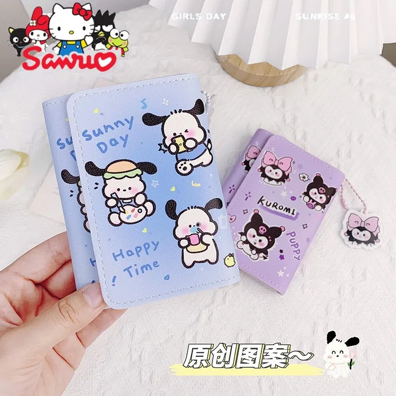 

Sanrio Melody Kuromi Hello Kitty Cinnamoroll Pochacco Mini Wallet Print Leather Buckle Tri-fold Short Wallet Card Holder Change