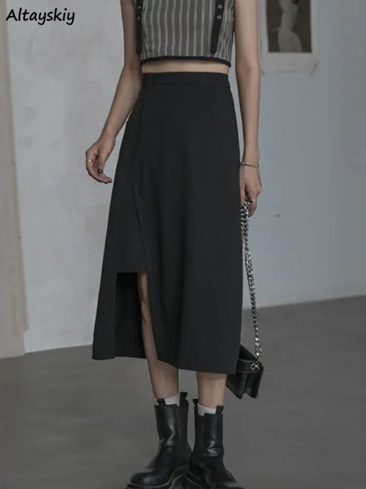 

Midi Black Skirts for Women Summer Solid Faldas Largas Irregular Casual Streetwear All-match Korean Style Fashion Chic Ladies