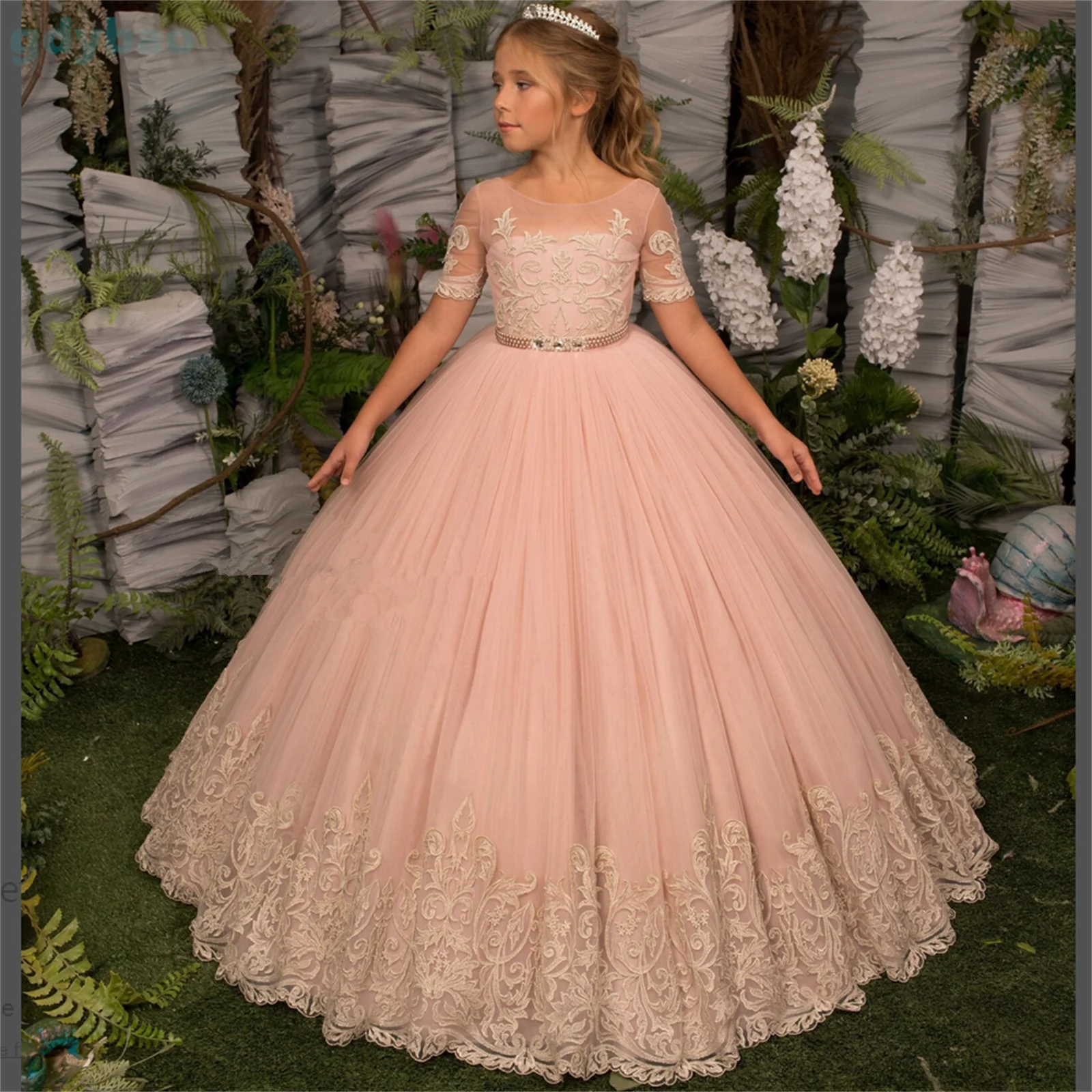 

A+Luxury Three Quarter Flower Girl Dresses For Wedding Prom Party Girls Pageant Gowns Lace Floral Appliques Kids Birthday Dress