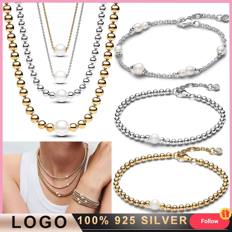 2024 New 925 Pure Silver Women's Sparkling Pearl Original Bead Logo Bracelet DIY Charming Jewelry Gift Fashion Light Luxury