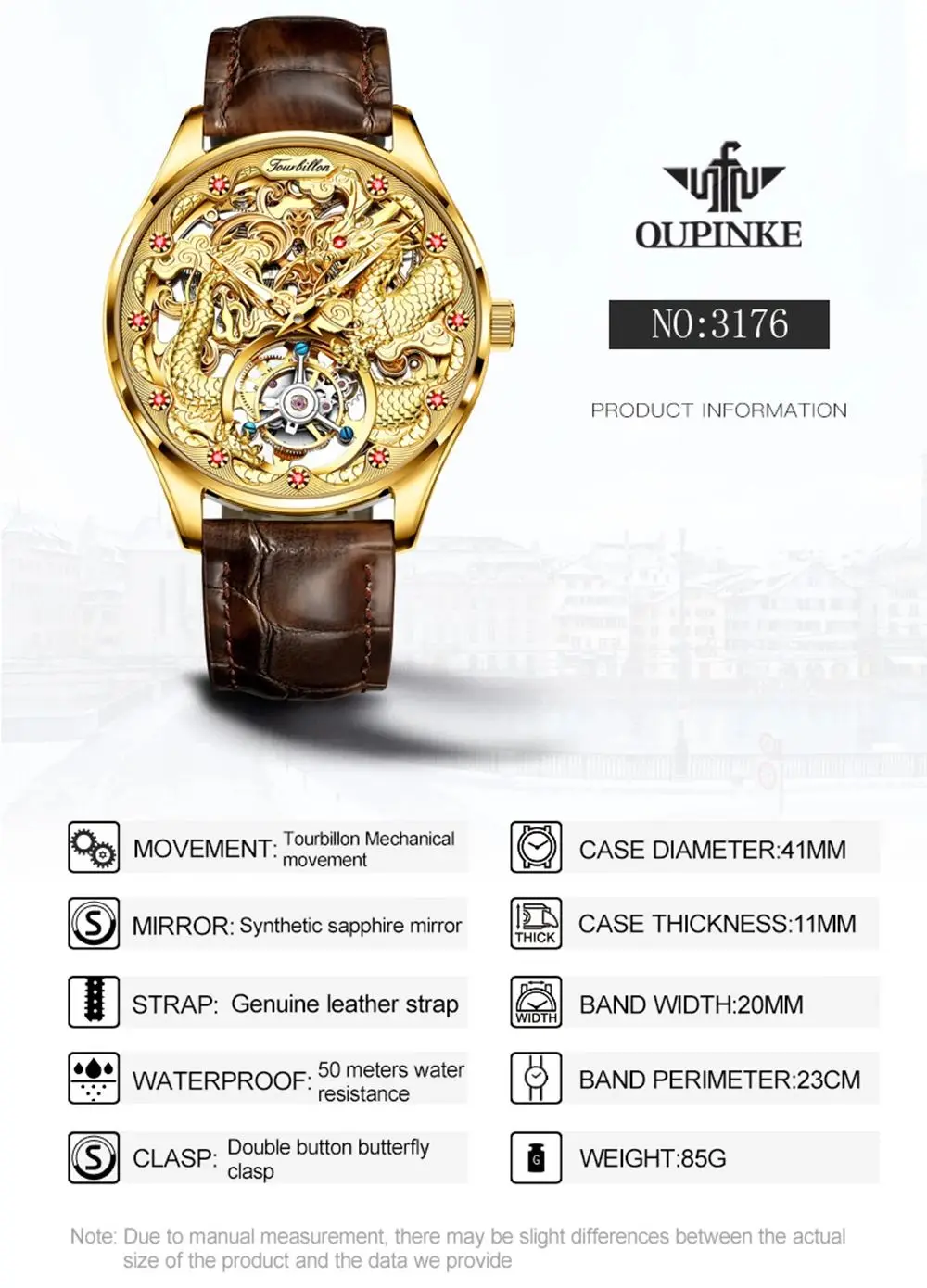 OUPINKE 3176 Men's Watch Tourbillon Mechanical Watch For Men Dragon Dial Hollow Flywheel Deep Waterproof Automatic Wristwatch