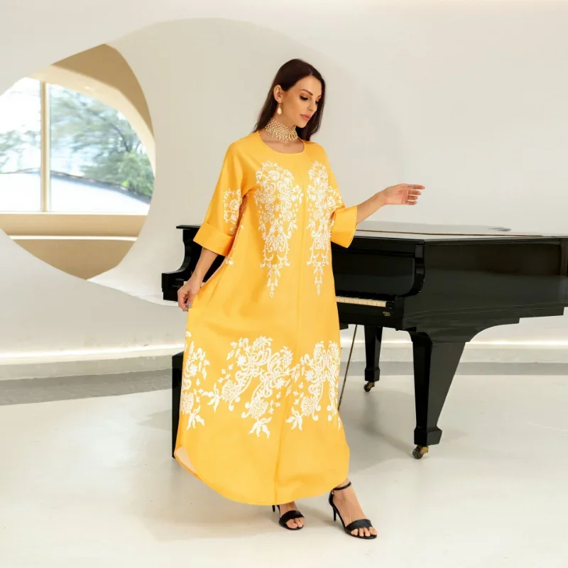 2023 Musulman Abayat Dress Fashion Rhinestones Bubble Beads Five-point Sleeve Abaya Femme Loose Dress for Europe and America