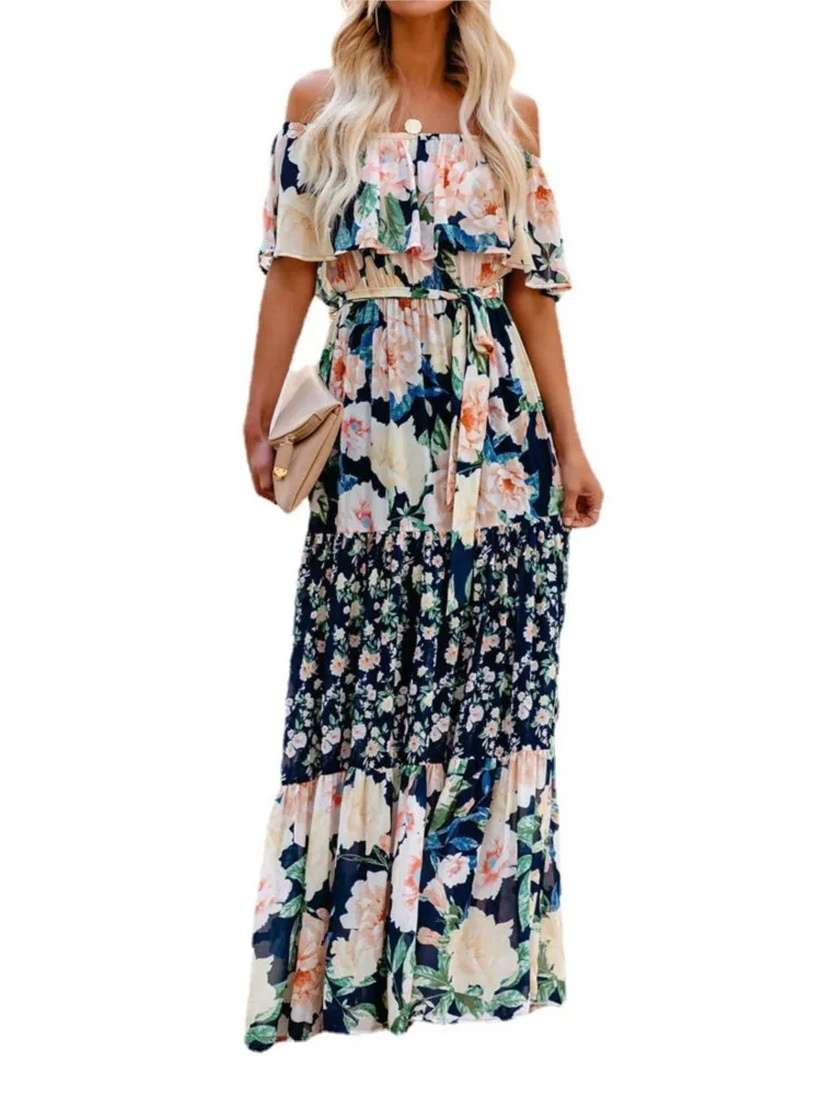 Flower Print Off Shoulder Long Dresses For Women Spring Summer New Fashion Temperament High Waist Leace-up Dress Female Vestidos