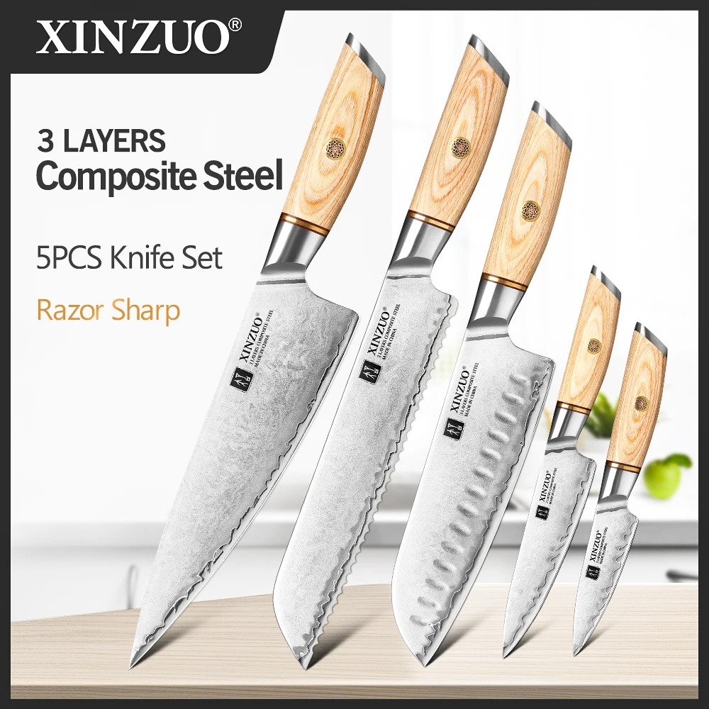 

XINZUO 5pcs Knife Set 3-layer Clad Steel Chef Knives Slicing Bread Santoku Utility Paring Sharp Cutlery Knife Gift Set Tool