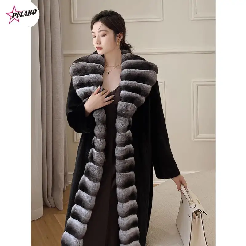 

PULABO Women's Woolen Winter Coat Wool Jacket Long Real Rex Rabbit Fur Collar Cuffs Cashmere Winter Jacket Ladies Fur Coat 9XL