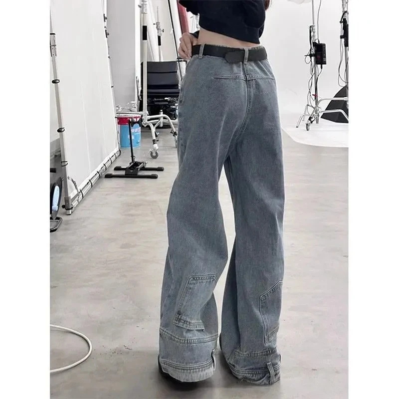 

Spring Summer New Thin Flip Wide-Leg Jeans Design Sense Advanced Fashion High Waist Button Loose Joker Micro Comfortable Pants