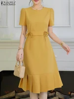ZANZEA Elegant Party Dresses Women Summer Short Sleeve Korean Knee-Length Sundress 2025 Fashion Pleated Solid Color Office Robe