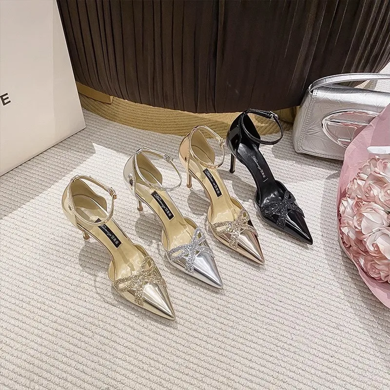 

Spring/Summer Pointed Rhinestone Hollow Bow Sandals with Thin High Heels Banquet Dress Versatile Large and Small Women's Shoes