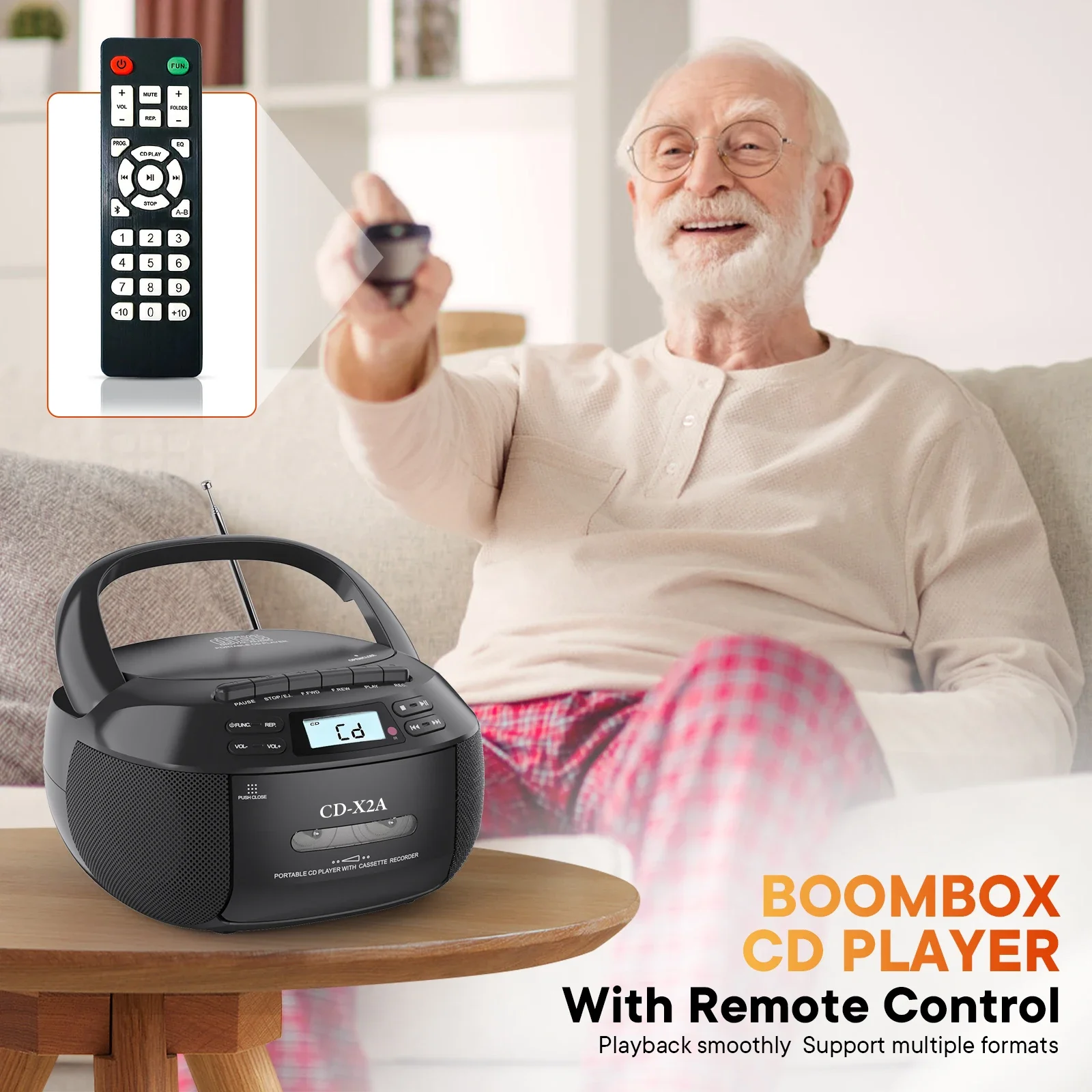 CD player boomox cassette player combo with Bluetooth AM FM radio plays AUX USB MP3 with remote control AC DC powered