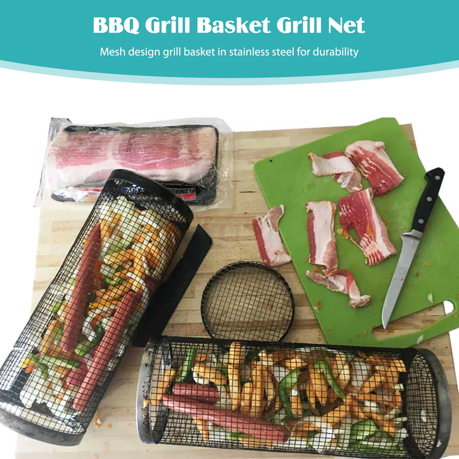Stainless Steel Barbecue Grill Grate Outdoor Camping BBQ Drum Rolling Grilling Basket Campfire Grid Picnic Grill Basket barbecue grill