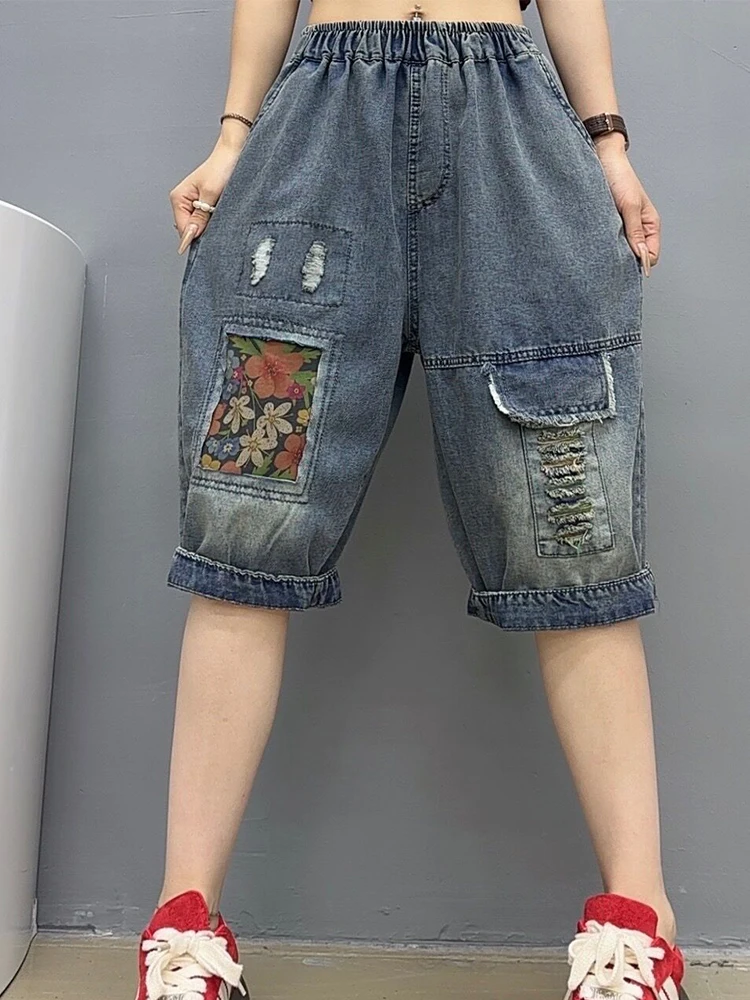 Max LuLu 여성용 빈티지 짧은 데님 바지, 루즈 클래식 레저 청바지, 여성용 홀 패치워크 하렘 바지, 2024 여름 패션