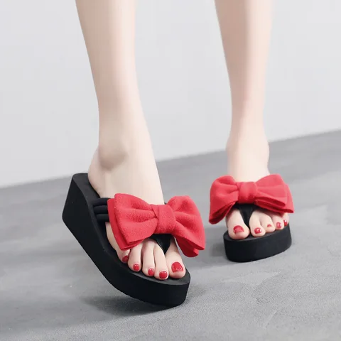 new slippers female bowknot cool sandals flip-flops thick bottom wear high-heeled beach drag fashion
